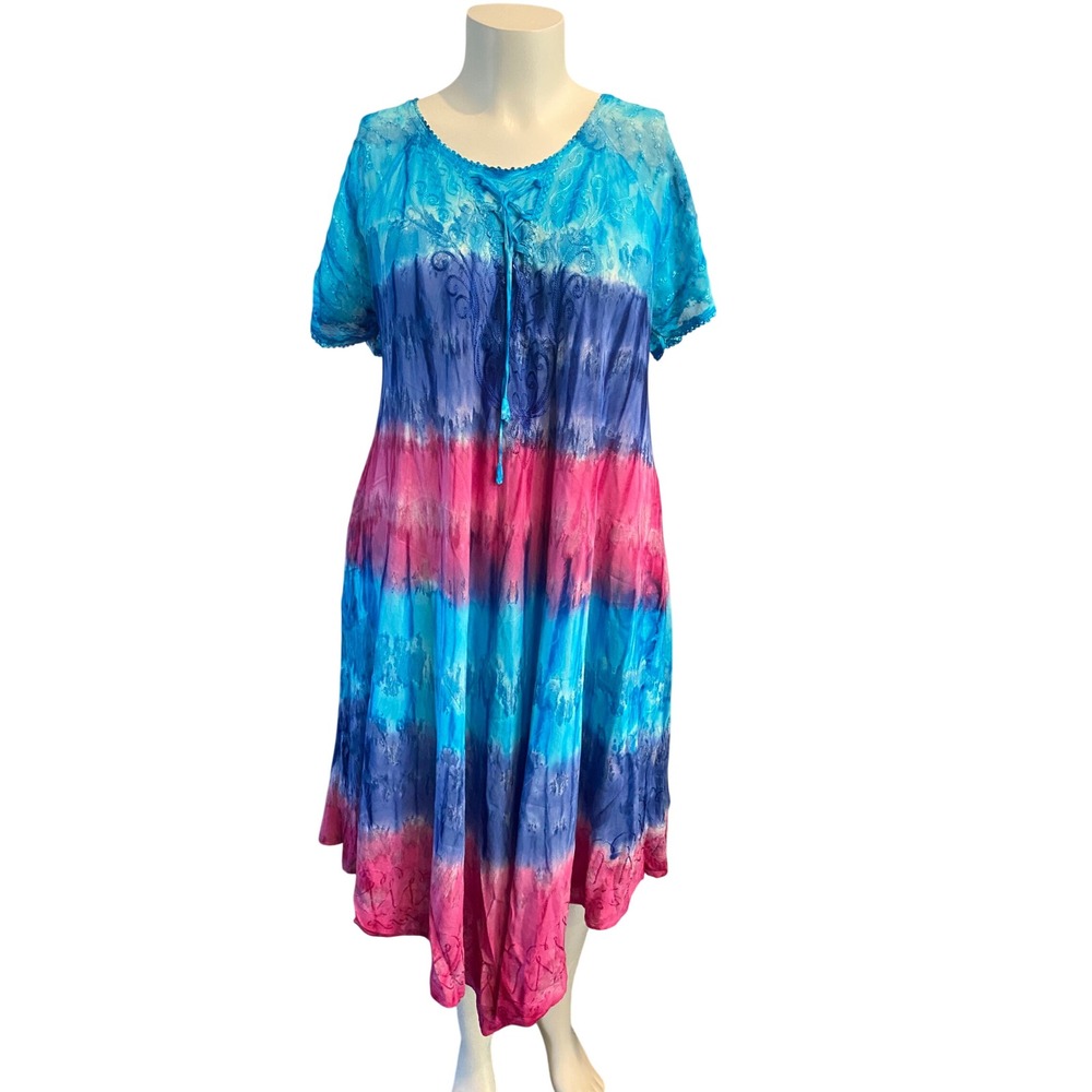 Sakkas Womens Tie Dye Embroidered Midi Dress Turquoise Pink OS 17506 NEW